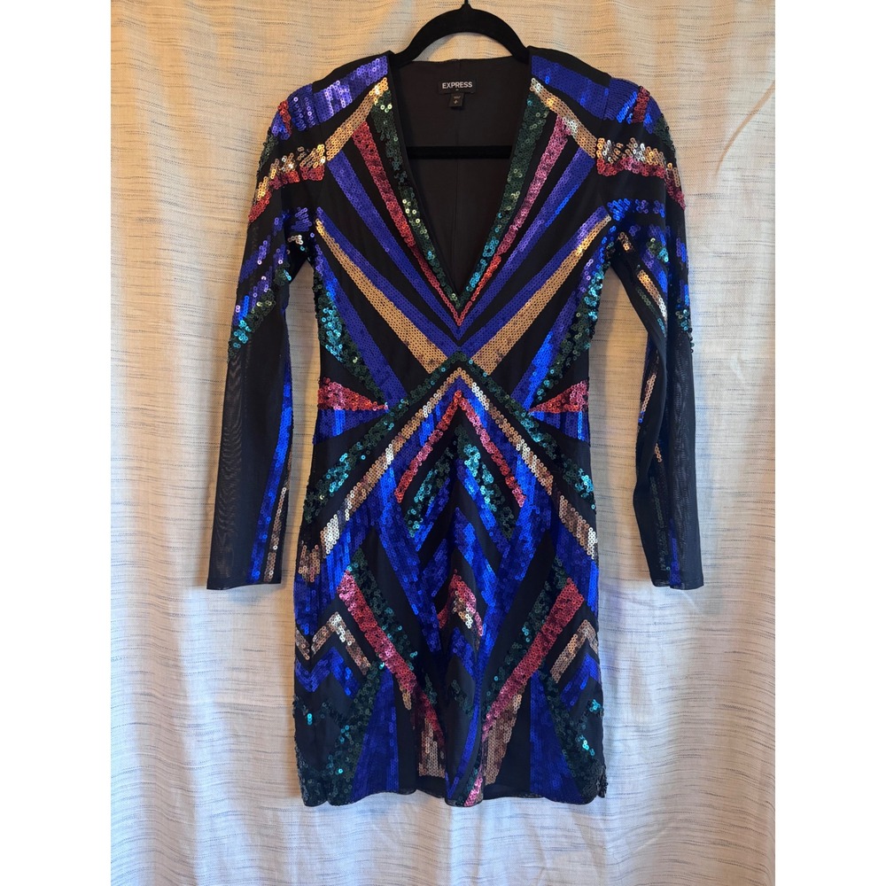 Express Sequin Chevron V-Neck Mini Dress Long Sleeve Multi-Color Party Size S